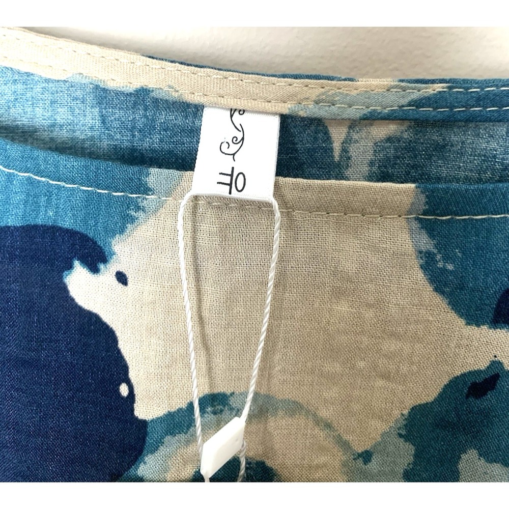 NEW Artsy Lagenlook Linen Top Womens One Size Abstract Blue Print HiLow - Picture 3 of 14